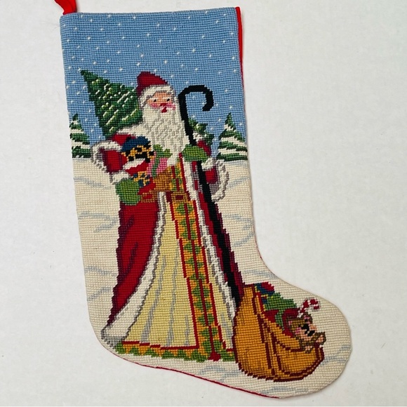 Handmade Needlepoint Santa Christmas Stocking Sack Tree Wool Cotton 18 Inches - Picture 2 of 5